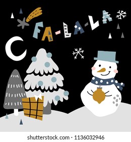 vector illustration of beautiful christmas postcards in Scandinavian style,with ornate funny lettering and cute characters,objects