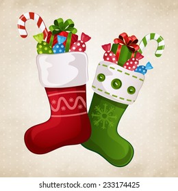 Vector illustration of a beautiful Christmas stocking with gifts