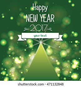 Vector illustration of beautiful Christmas tree in the center decorated with Christmas balls and with the inscription happy New year 2017,everywhere the stars and glare