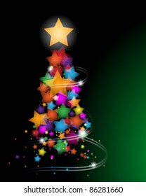 Vector illustration of beautiful Christmas tree made of stars greeting card