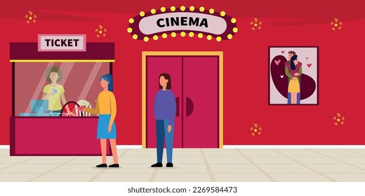 Vector illustration of a beautiful cinema lobby with a poster and a cash register. Cartoon women are standing in line to buy movie tickets at the cash register from the controller.