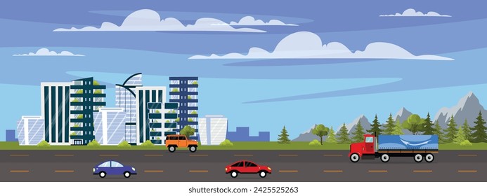 Vector illustration of a beautiful cityscape with highway. Cartoon scene with highway, colorful cars: truck, jeep, cars, modern futuristic buildings, Christmas trees, green trees, mountains, bushes.