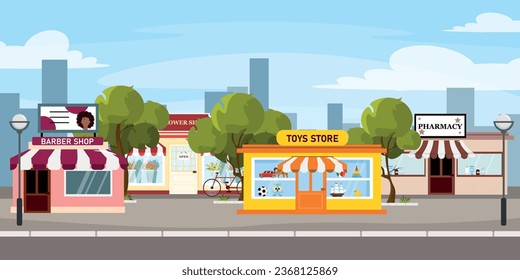 Vector illustration of a beautiful cityscape with shops. Cartoon city street with various shops: a hairdresser, a pharmacy, a flower and toy shop, with trees, lampposts and silhouettes of the city.