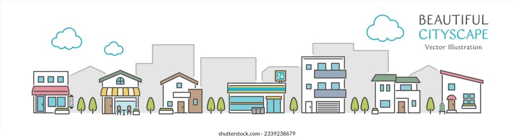 Vector illustration of a beautiful cityscape with simple shops and houses