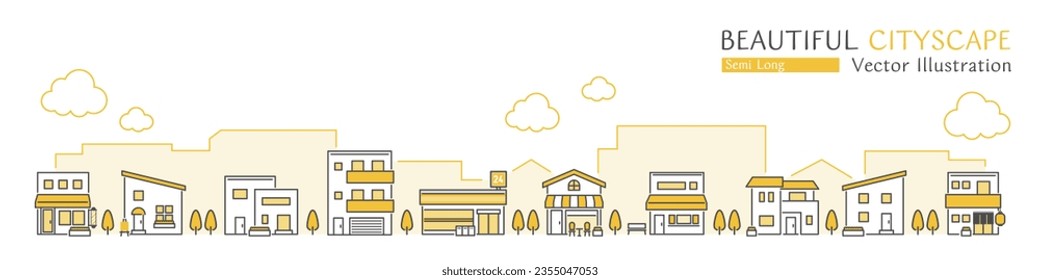 Vector illustration of a beautiful cityscape with simple shops and houses