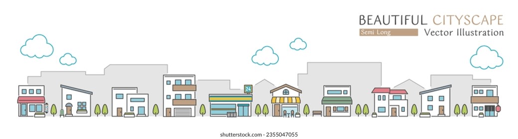 Vector illustration of a beautiful cityscape with simple shops and houses