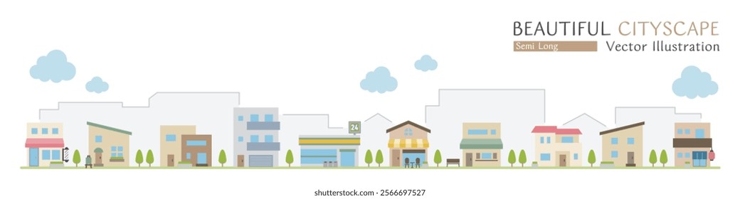 Vector illustration of a beautiful cityscape with simple shops and houses