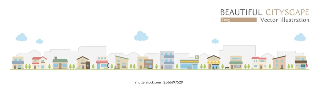 Vector illustration of a beautiful cityscape with simple shops and houses