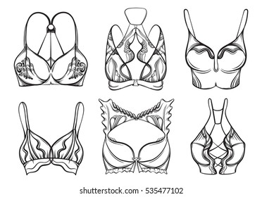 Vector illustration of beautiful collection of bra made in hand drawn sketch style. Artwork in  hand sketched  cartoon style. Template for card, poster, banner, print