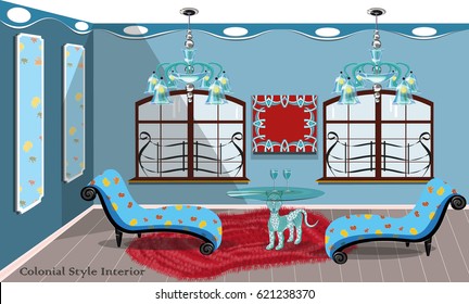 vector illustration of a beautiful colonial style interior with a bronze lion coffee table 