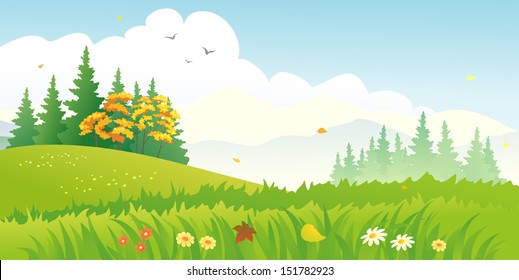 Vector illustration of a beautiful colorful autumn day - woodland scene