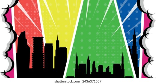 Vector illustration of a beautiful colorful background in pop art style. Cartoon scene of a cityscape in pop-art style with bright colors, dots, black silhouettes of modern buildings, skyscrapers.
