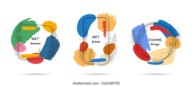 Vector illustration. Beautiful colorful frames with eucalyptus leaf. Abstract contemporary aesthetic backgrounds set. Design for cover, poster, postcard, card, flyer, brochure, frame. Hand painted art
