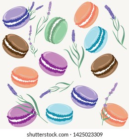 Vector illustration. Beautiful colorful pattern with macarons and lavender. White background. 