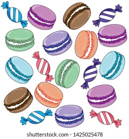 Vector illustration. Beautiful colorful pattern with macaroons and candies. White background. 