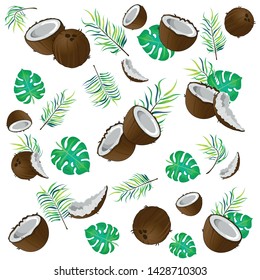 Vector illustration. Beautiful, colorful pattern with coconuts and tropical leaves. White background.  