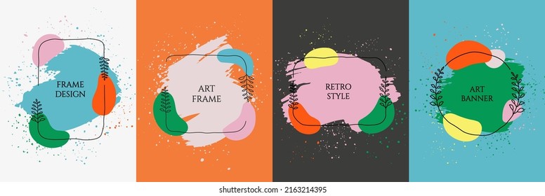 Vector illustration. Beautiful colorful poster set with eucalyptus leaves and brush strokes. Abstract contemporary aesthetic backgrounds set. Design for cover, postcard, flyer, brochure, frame