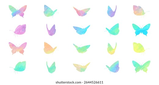 Vector illustration of beautiful colorful rainbow butterflies silhouette in watercolor and pastel tones.