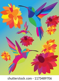 Vector illustration of beautiful colorful small birds and flowers. Fashion summer pattern