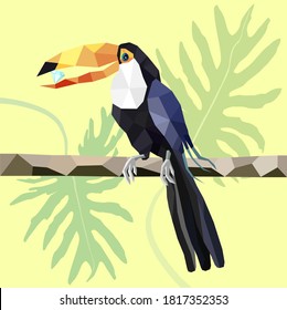 Vector illustration of a beautiful colorful toucan with big beak with diamond for modern childish and web design, low poly and flat style. Origami style of tropical bird