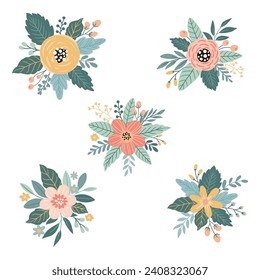 Vector illustration with beautiful compositions of flowers. Ideal for printing on fabric, paper and cards.