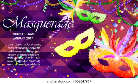 Vector Illustration. Beautiful concept design with Festive Carnival Mask, Masquerade, Mardi Gras for Night Party Poster, Dance Flyer, Carnival Invitation, Greeting card.