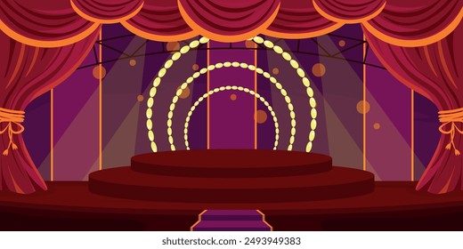 Vector illustration of a beautiful concert stage interior.Cartoon scene of a round stage for a show with rings, stairs, red curtains with orange holders, beams of light. Stage podium.Star performance.