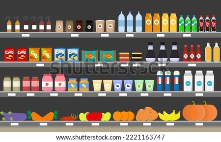 Vector illustration of a beautiful counter in the store. Selling products in the shop on the counter with water, milk, sauces, snacks, coffee, jams, vegetables in cartoon style.