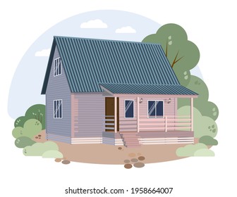 vector illustration of a beautiful country house with green shrubs and trees