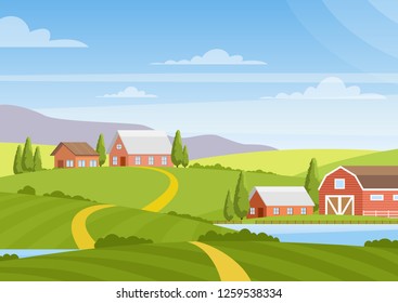 Vector illustration of beautiful countryside landscape with fields, dawn, green hills, farm, houses, trees, bright color blue sky, background in flat cartoon style.