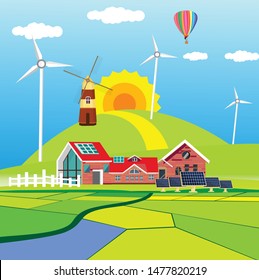 Vector illustration of a beautiful  countryside scene cultivated fields with farm houses and air baloon, wind turbines
