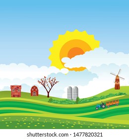 Vector illustration of a beautiful  countryside scene in green valley with farm houses and  green fields
