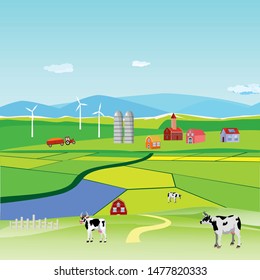 Vector illustration of a beautiful  countryside scene cultivated fields with farm houses and grazing cow and green fields
