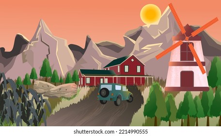 vector illustration of beautiful countyside landscape with farme house, farme, vehicle etc.