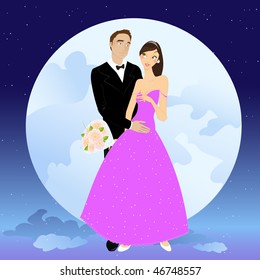 Vector illustration of beautiful couple in romantic night on the sky background with Giant full moon