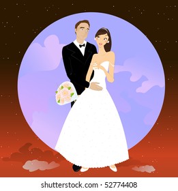 Vector illustration of beautiful couple in romantic night on the sky background with Giant full moon