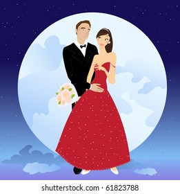 Vector illustration of beautiful couple in romantic night on the sky background with Giant full moon