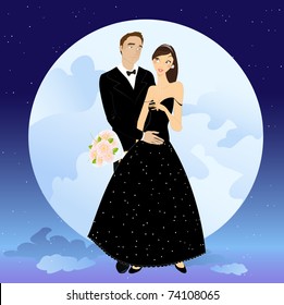 Vector illustration of beautiful couple in romantic night on the sky background with Giant full moon