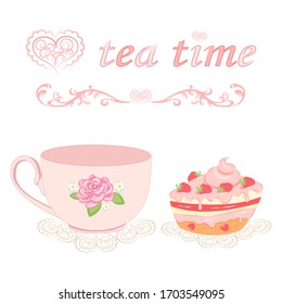 Vector illustration of a beautiful cozy appetizing picture in the Provence style with the inscription tea time, a cup, a piece of cake on lace napkins for the kitchen, dining room, pastry shop, bakery