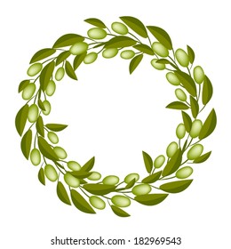 Vector Illustration of Beautiful Crown or Laurel Wreath of Fresh Green Olive and Leaves Isolated on White Background. 