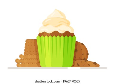 Vector illustration of a beautiful cupcake with a white cap on a white background.  Set of muffins in very bright rainbow colors with layered curdled fruit creams. 