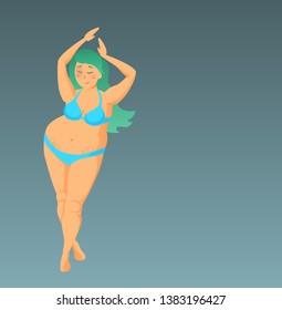 Vector Illustration with beautiful curvy girl with green hair and birthmark, body positive, plus size model. Strong girl. Feminism.