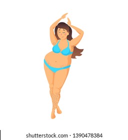 Vector Illustration with beautiful curvy girl with brown hair, hairy legs, stretch marks. Body positive, plus size model. Strong girl. Feminism