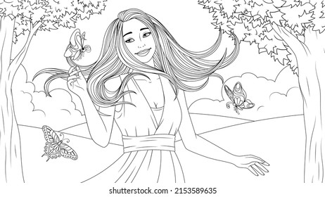 Vector illustration, beautiful cute girl dancing with butterflies in a summer meadow, coloring book.