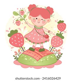 Vector Illustration of Beautiful cute girl in a dress with strawberries