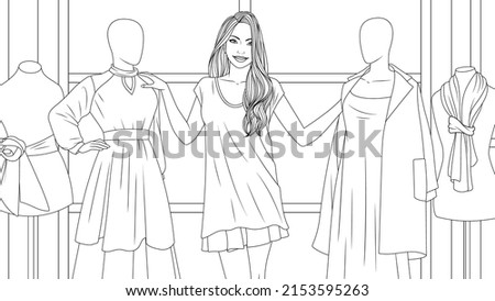 Vector illustration, beautiful cute girl in the store trying on clothes, book coloring.