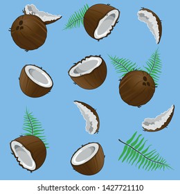 Vector illustration. Beautiful, cute pattern with coconuts and green leaves. Light blue background. 