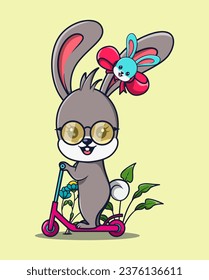 vector illustration of a beautiful cute rabbit wearing glasses playing a scooter. cute animal icon concept