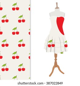 Vector illustration beautiful, cute woman dress on mannequin for boutique. And seamless pattern with cherry