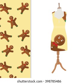 Vector illustration beautiful, cute woman dress on mannequin for boutique.  With winter seamless pattern. Gingerbread man on cookie pattern